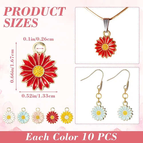 Vista 3 de Joez Wonderful 50 dijes de girasol para hacer joyas, colgantes de flores coloridas, dijes de flores para mujer, suministros de joyería de aleación