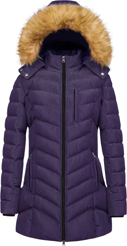 Vista 13 de CREATMO US Abrigo de invierno con capucha para mujer, impermeable, cálido, largo acolchado, parka Azul (Acid Blue)