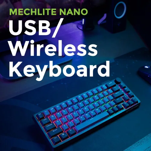 Vista 3 de IOGEAR Mechlite Nano Teclado para juegos recargable con cable o inalámbrico Bluetooth, control de volumen integrado, teclas PBT, cable USB-C a USB-A