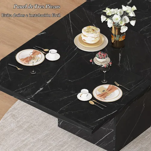 Vista 4 de HSH Mesa de comedor de mármol sintético negro, mesa de comedor moderna de 63 pulgadas para 6 personas, mesa de cocina rectangular de granja