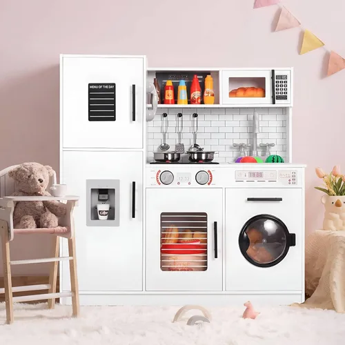 Vista 9 de MAMIZO Cocina de juguete para niños, cocina de juguete de chef de madera con lavadora, dispensador de agua, estufa, sonido y luz reales, teléfono