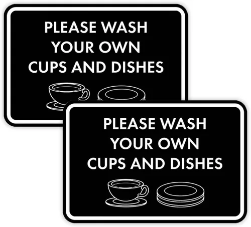 Vista 27 de Letrero clásico enmarcado con texto en inglés «Please Wash Your Own Cups and Dishes» (negro)