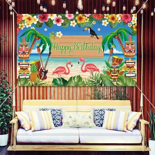 Vista 2 de KYMY Cartel grande hawaiano de Luau con texto en inglés "Happy Birthday", cartel de cumpleaños floral de verano con flamenco tropical de 70.8 x 43.3