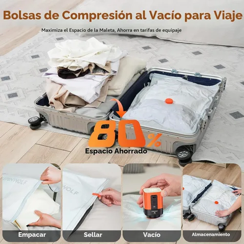 Vista 2 de ETENWOLF Paquete de 10 bolsas de almacenamiento al vacío reutilizables para viajes con bomba de aire recargable, sello de embalaje de compresión al