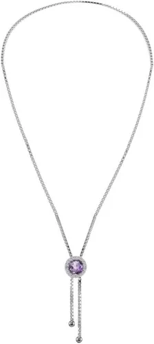 Vista 4 de Collar Lariat ajustable de plata de ley con piedras preciosas y topacio blanco redondo con halo redondo