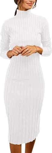 Vista 2 de MEROKEETY - Vestido de manga larga acanalado para mujer, con cuello alto, ajuste entallado, longitud por debajo de la rodilla y tejido
