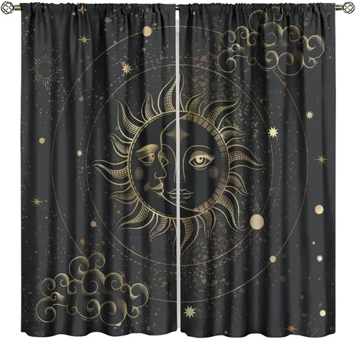 Vista 32 de Cortinas opacas con diseño de sol y luna, cuerpos celestes bohemios, con diseño de sol, luna y estrellas, para sala de estar, dormitorio, 42 x 45