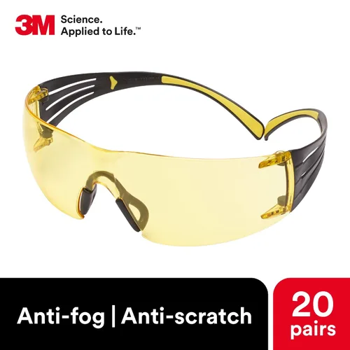 Vista 4 de 3M - Lentes de seguridad SecureFit, paquete de 20, ANSI Z87, antiarañazos y antivaho Scotchgard, lente ámbar, marco amarillo/negro, varillas