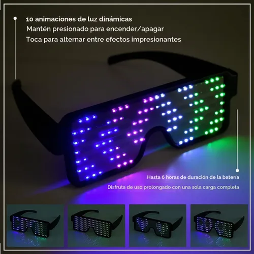 Vista 2 de Gafas LED: gafas de sol iluminadas con batería de larga duración, neón, 11 patrones