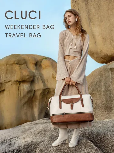 Vista 2 de CLUCI Bolsa de fin de semana para mujer, de cuero, grande, con compartimento para zapatos, Beige con marrón.