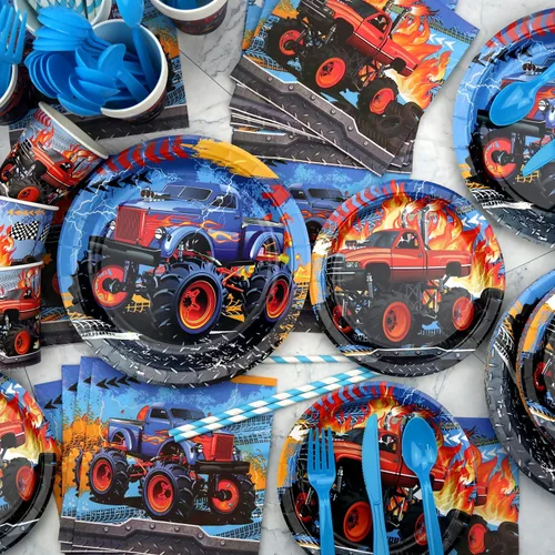 Vista 5 de KEFAN Suministros para fiesta de cumpleaños de Monster Truck, juego de decoraciones de fiesta de camión monstruo que incluye telón de fondo, platos