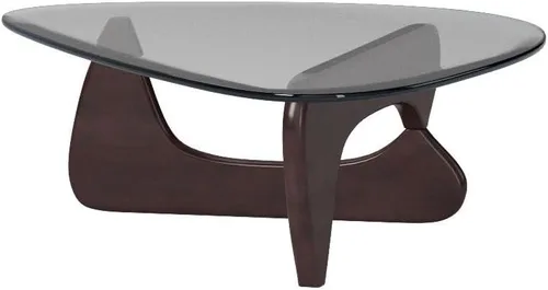 Vista 5 de Mesa de café triangular de vidrio moderna, con vidrio transparente vintage y base de madera maciza, mesa auxiliar para sala de estar, oficina, Nogal