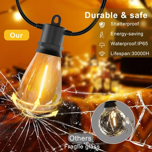 Vista 3 de Luces de Cadena para Exteriores 50 pies IP65 Impermeables Luces de Patio con 15 + 2 Bombillas LED Irrompibles Grado Comercial Luces de Cadena LED