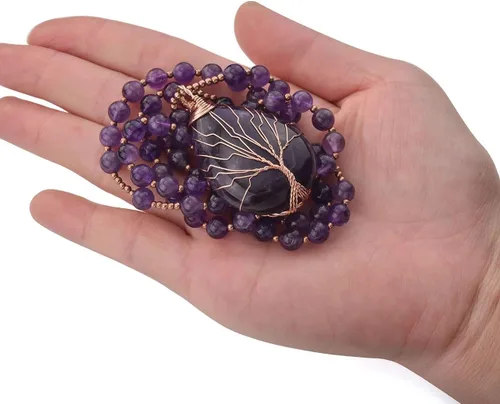 Vista 5 de Jovivi Collar de cristales curativos de cuarzo amatista natural, con dije de piedra preciosa de chakra envuelto en lágrima envuelta en alambre de 28