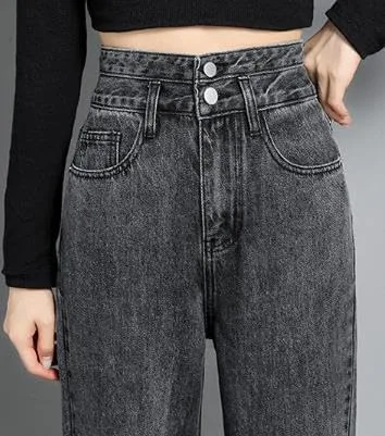 Vista 4 de DGHM-JLMY Pantalones de mezclilla sueltos de cintura alta para mujer, pantalones de mezclilla rectos desgastados, holgados y casuales de cintura alta