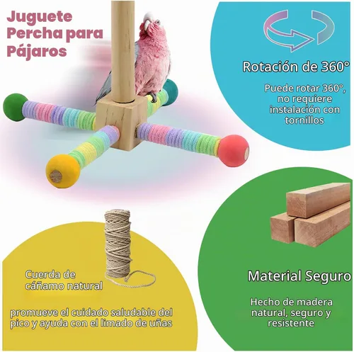 Vista 6 de Juguete de perca para loros mejorado, soporte giratorio de perca para pájaros con juguete de bola masticable para pájaros pequeños y medianos