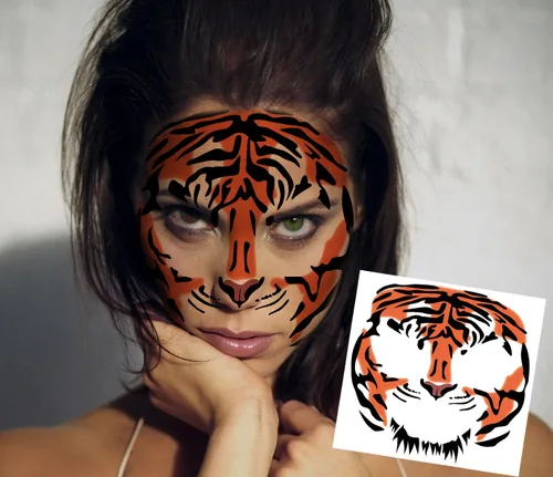 Vista 7 de Tatuajes temporales de cara de tigre, paquete de 6 – Kit realista de nariz, bigotes y frente a rayas para Halloween, fiestas de disfraces
