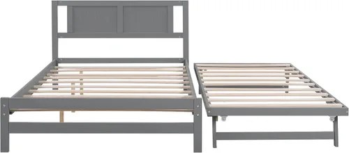 Vista 6 de Harper & Bright Designs Base de cama de tamaño matrimonial con nido ajustable, cama de plataforma matrimonial de madera con cabecero, marco de cama