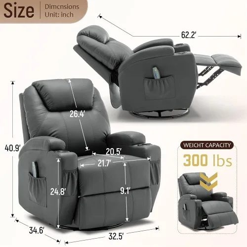Vista 2 de Lazy Boy - Silla reclinable giratoria de 360° para adultos, mecedora con masaje y calor, mecedora manual con control remoto y soporte para tazas