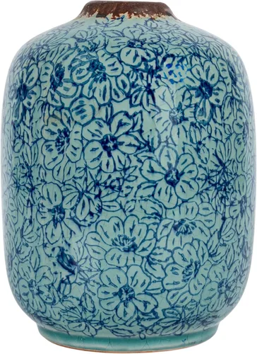 Vista 5 de Creative Co-Op Jarrón decorativo redondo de terracota con patrón floral con acabado envejecido, azul