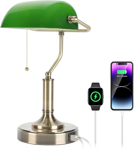 Vista 2 de LINNMON Bankers - Lámpara de escritorio verde con interruptor de cadena de tracción, lámpara retro con puertos de carga USB y tipo C, lámpara