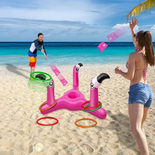 Vista 7 de Juego de juguetes inflables de flamenco 2 en 1 para lanzar y lanzar anillos. Juego de juguetes inflables de flamenco para piscina y cornhole