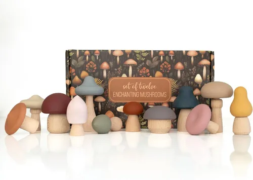 Vista 6 de Pink Mushroom Woodland Kids Garden Fungi Juego de decoración de mesa de hongos - Juguetes de madera - 12 piezas