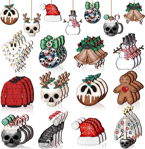 Vista 8 de Maitys 36 piezas de adornos de Navidad góticos, adornos de árbol de Navidad de madera espeluznantes de terror, fantasmas morados y rosas, gato