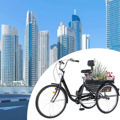 Vista 7 de Triciclo para adultos de 26 pulgadas, bicicletas de 7 velocidades y 3 ruedas, asiento grande con respaldo, triciclo para adultos con cestas