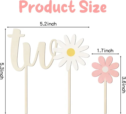 Vista 2 de Decoración de madera para tartas de dos – 5 piezas de margaritas de madera de dos años de edad, fabuloso inserto para cupcakes, decoración