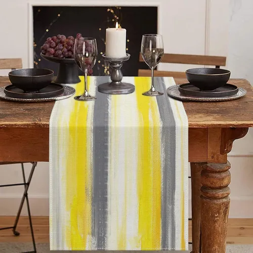 Vista 9 de Emvency - Camino de mesa de estilo granja, pintura de arte abstracto vintage en azul y gris para mesa de cocina, cenas familiares, fiestas, bodas