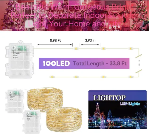Vista 11 de Luces de Hadas Guirnalda de luces a pilas, paquete de 2 unidades, 100 LED, impermeable, alambre de cobre, luz de Navidad parpadeante