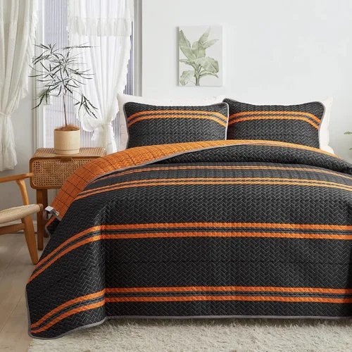 Vista 10 de Flysheep Juego de edredón bohemio gris oscuro tamaño individual para niños, 2 piezas de edredón reversible a rayas blancas sobre negro, colcha
