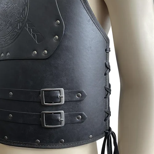 Vista 3 de HiiFeuer Viking Warrior - Armadura de pecho de piel sintética, armadura de cuero retro de caballero, armadura medieval para LARPCosplay (negro hacha)