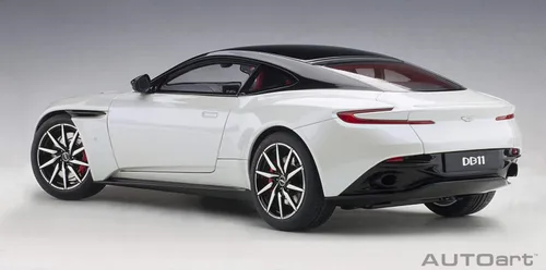 Vista 2 de Autoart Aston Martin DB11 Morning Frost White Metallic con parte superior negra e interior rojo modelo 1/18