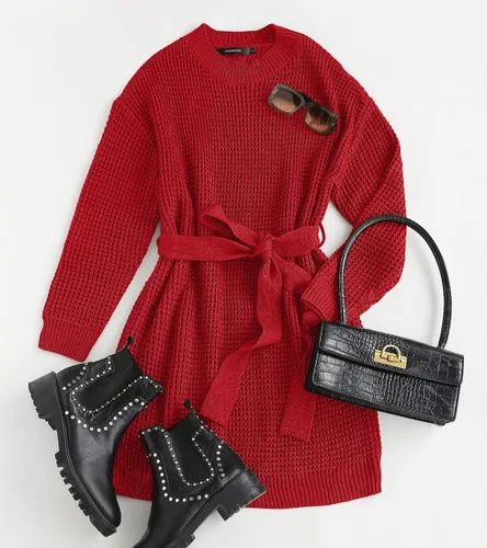Vista 5 de ZESICA Women's 2024 Fall Long Sleeve Solid Color Waffle Knitted Tie Waist Tunic Pullover Sweater Dress