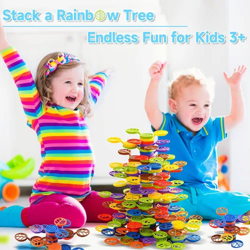 Vista 5 de Stack-a-Rainbow-Tree - Bloques apilables de plástico de 70 piezas, juguetes de construcción de equilibrio para niños de 3 a 8 años, juguetes