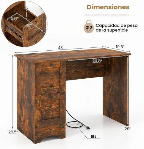 Vista 3 de Tangkula Escritorio para computadora con cajones y estación de carga, escritorio de madera para oficina en casa, escritorio para computadora Marrón
