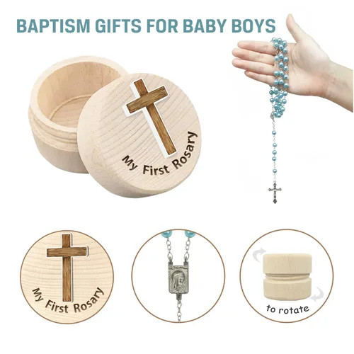 Vista 3 de Regalos de bautismo para baby shower para niños, mi primer rosario y caja de recuerdos, rosario católico regalo para niño, rosario de la primera