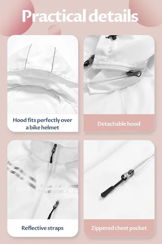 Vista 6 de CREATMO US Chaqueta impermeable plegable para mujer, chaqueta de ciclismo reflectante con capucha desmontable