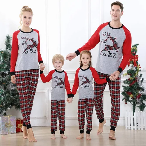 Vista 2 de Pijamas navideñas a juego para familia, ropa de dormir de Navidad con el clásico diseño a cuadros, para hombres y mujeres