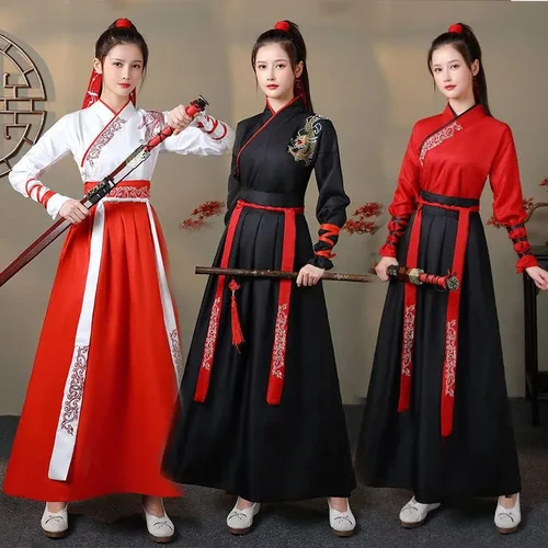 Vista 4 de Disfraz de espadachín chino, traje tradicional de Hanfu, dinastía antigua Tang, cosplay, para mujeres y hombres, artes marciales, vestido elegante