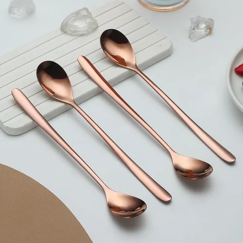 Vista 8 de Evanda Juego de 12 cucharas de té helado de mango largo de oro rosa, cucharaditas de acero inoxidable chapadas en titanio, cucharas para remover