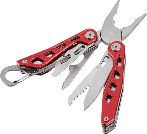Vista 2 de Amazon Basics Multiherramienta de acero inoxidable 8 en 1 con seguro de bloqueo y funda de nailon, rojo