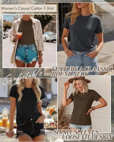 Vista 3 de Huukeay Paquete de 3 camisetas de algodón para mujer, estilo casual, de manga corta, cuello redondo, ajuste holgado, básica, lisa