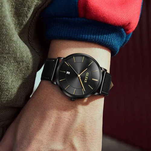 Vista 2 de OLEVS Brown Black Leahter Strap Quartz Analog Ultra Thin Minimalist Male Wrist Watches Waterproof Date Dial