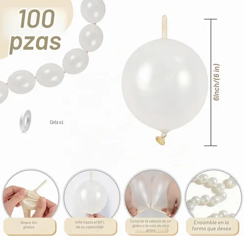 Vista 2 de Globos de enlace blanco perla, 100 globos de enlace rápido de color perla de 6 pulgadas para hacer globos, pared, arco de corazón, globo de cola