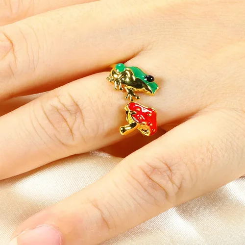 Vista 5 de Green Frog Red Mushroom Open-Rings for Women-Girls - Gold Silver Plated Cute Colorful Frog Mushroom Aesthetics Jewelry for BirthdayNew