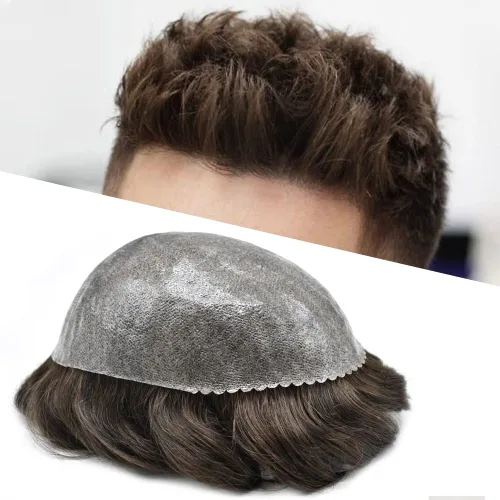 Vista 53 de Toupee para hombres, sistema de reemplazo de cabello humano Remy, nudos blanqueados, encaje frontal, piel fina, para hombre, color gris, pelucas