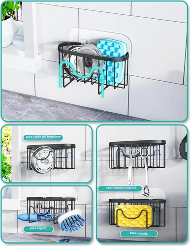 Vista 2 de HapiRm Organizador de esponja multifuncional con forma única en M, 2 métodos de instalación, organizador de fregadero de cocina, organizador